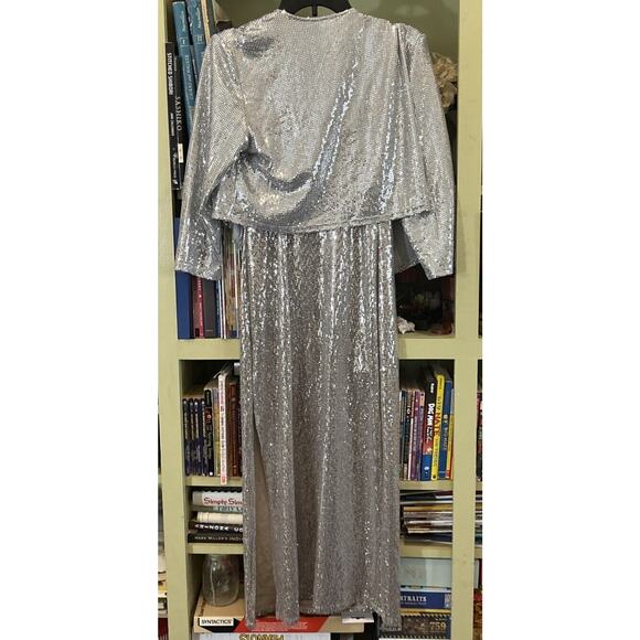 Bebe Silver Dress Sequin Maxi Small Prelude Bolero Shrug Party Gown Cocktail EUC - Picture 2 of 7